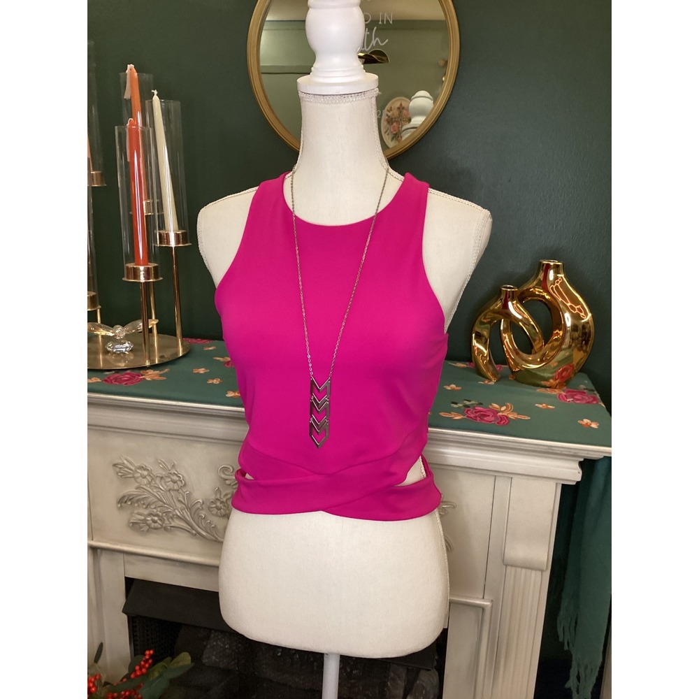Express Body Contour Crop Top Women‎ Medium Hot Pink Cutout Crossover Hem